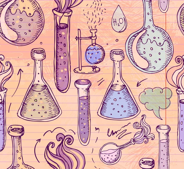 Retour à l'école : objets de laboratoire de science gribouillis croquis de style vintage motif sans couture, illustration vectorielle. Équipement de laboratoire Doodle. Note livre page papier.Biologie géologie alchimie chimie. — Image vectorielle