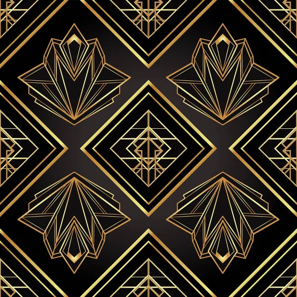 Art deco stijl geometrisch naadloos patroon in zwart en goud. Vector illustratie. Roaring 1920 's design.20s Vintage stof, textiel, inpakpapier, behang. — Stockvector