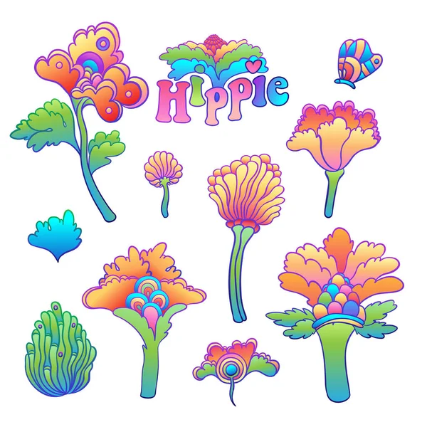 Kleurrijke bloem set, retro jaren '60, jaren' 70 hippie stijl. Vintage psychedelische vector design elementen. geïsoleerd op wit. — Stockvector