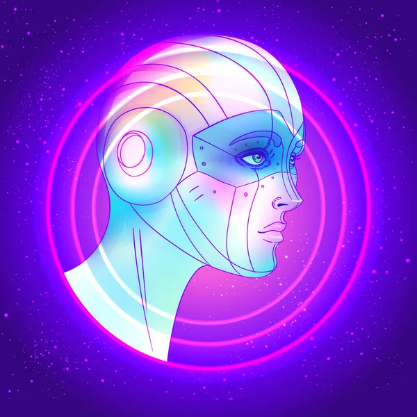 Retrato de robô android mulher no estilo retro futurismo. Ilustração vetorial. de um cyborg em cores brilhantes de néon brilhantes. modelo de panfleto de onda sintética futurista. — Vetor de Stock