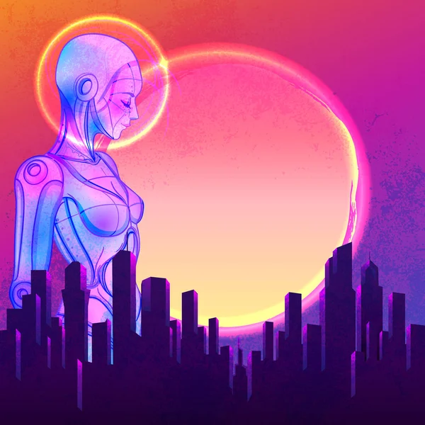 Porträt einer androiden Roboterin im Retro-Futurismus-Stil. Vektorillustration. eines Cyborgs in leuchtenden Neonfarben. futuristische Vorlage für Synth Wave Flyer. — Stockvektor