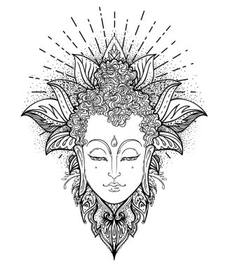 Buda 'nın yüzü mandala şeklinin üzerinde. Esrarengiz klasik vektör çizimi. Hint, Budizm, ruhani sanat. Hippi dövmesi, ruhanilik, Tayland tanrısı, yoga zen