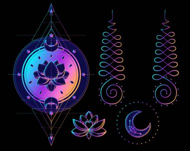 Kutsal Geometri ve Boo sembolü seti. Ayurveda uyum ve denge işareti. Dövme tasarımı, yoga. poster, tişört tekstili. Renkli eğim siyahtan önce gelir. Astroloji, ezoterik, din.
