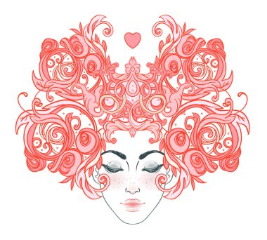 Kabile Füzyonu Boho Diva. Süslü tacı olan güzel Asyalı ilahi kız, Kokoshnik 'ten esinlenilmiş. Bohem tanrıça. Elle çizilmiş zarif illüstrasyon.