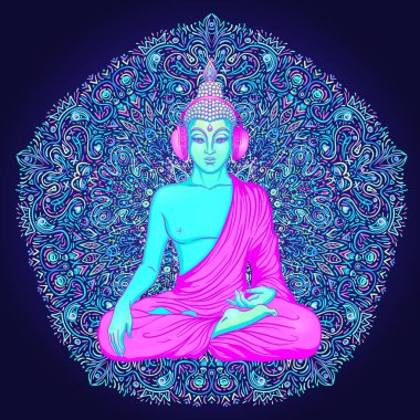 Buda renkli neon arkaplan üzerinde. Vektör çizimi. Psikedelik mantar bileşimi. Hint, Budizm, Ruhani Dövme, yoga, maneviyat. Etiket, yama, 60 'ların hippi renkli sanatı..
