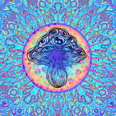 Sihirli mantarlar. Psikedelik halüsinasyon. Canlı vektör illüstrasyonu.