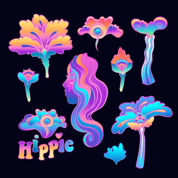 Colorful flower set, retro 60s, 70s hippie style. Vintage psychedelic vector design elements. Isolated on black. — стоковый вектор