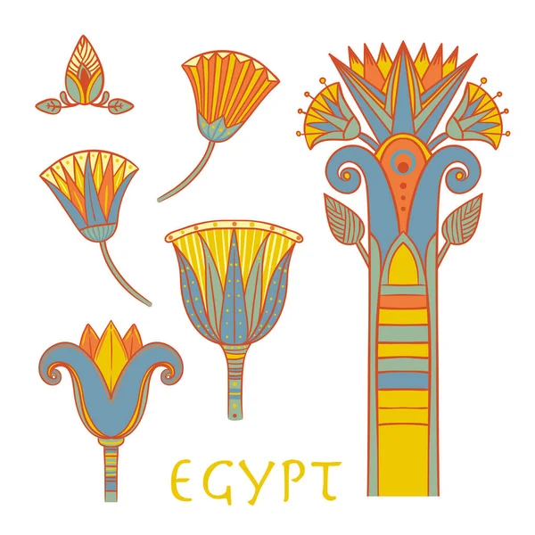 Elemento de diseño colorido floral egipcio conjunto aislado en blanco. Flor de loto, signo vectorial, símbolo, logotipo ilustración. — Vector de stock