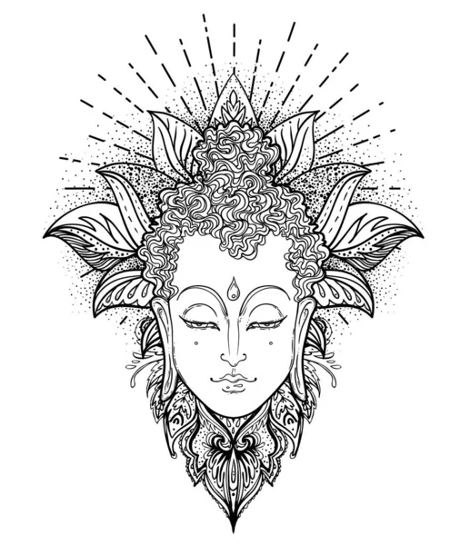 Buda rosto sobre mandala ornamentado padrão redondo. Ilustração esotérica do vetor vintage. Índio, budismo, arte espiritual. Tatuagem de hippie, espiritualidade, deus tailandês, ioga zen — Vetor de Stock