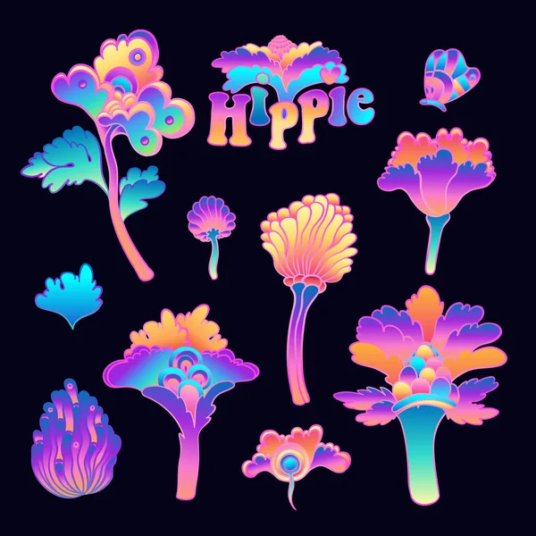 Färgglada blomma set, retro 60-talet, 70-talet hippie stil. Vintage psykedeliska vektor designelement. Isolerad på svart. — Stock vektor