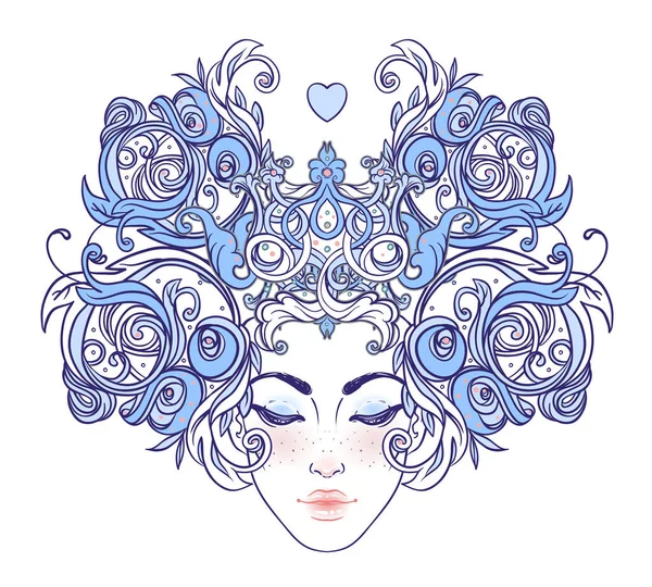 Tribal Fusion Boho Diva. Beautiful Asian divine girl with ornate crown, kokoshnik inspired. Bohemian goddess. Hand drawn elegant illustration. — Stockvektor