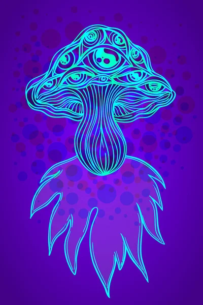 Cogumelos mágicos. Alucinação psicadélica. Ilustração vetorial vibrante. Arte colorida hippie dos anos 60. Decoração em tatuagem estilo boho étnico. —  Vetores de Stock