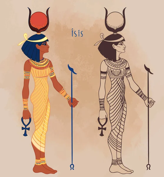 Isis, goddess of life and magic in Egyptian mythology. One of the greatest goddesses of Ancient Egypt, protects women, children, heals sick. Vector illustration. Standing woman. — Stock Vector