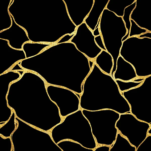 Kintsugi vector illustration. Japanese art, repairing broken pottery with gold. Luxury golden marble seamless texture. Crack and broken ground pattern — Stock vektor