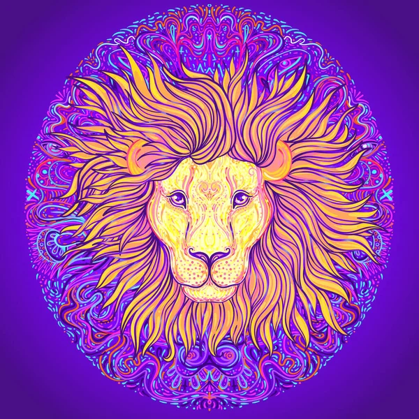 Patterned ornate lion head. African, Indian, totem, tattoo, sticker design. Design of t-shirt, bag, postcard and posters. Vector isolated illustration in bright neon colors. — Stock Vector