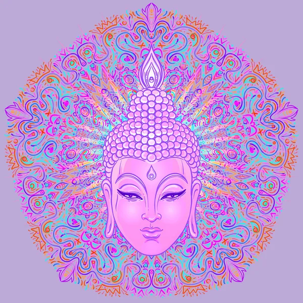 Buddha su sfondo colorato al neon. Illustrazione vettoriale. Composizione psichedelica dei funghi. Indiano, Buddismo, Tatuaggio spirituale, yoga, spiritualità. Adesivo, patch, anni 60 arte colorata hippie . — Vettoriale Stock