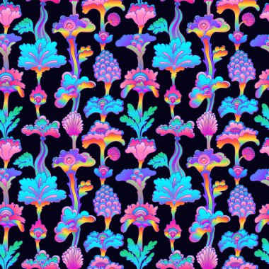 Çiçeksel renksiz desenli, retro 60 'lı, 70' li yılların hippi geçmişi. Klasik saykodelik tekstil, ambalaj kağıdı, duvar kağıdı. Gösterimi yineleyen vektör.