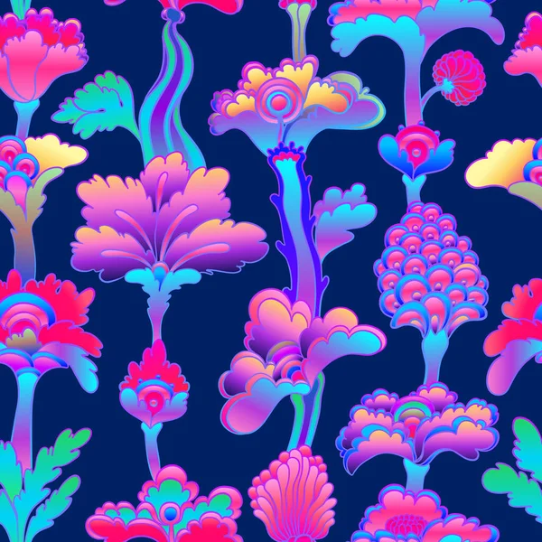 Floral kleurrijke naadloze patroon, retro 60s, 70s hippie achtergrond. Vintage psychedelisch textiel, wikkeling, behang. Vector herhaalt illustratie. — Stockvector