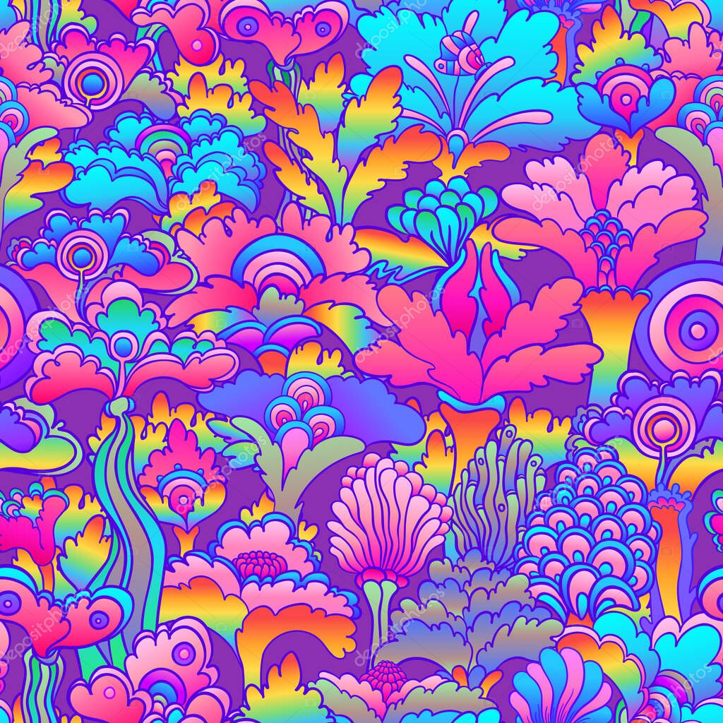 Vettoriale stockFantasia floreale colorata senza cuciture, anni '60 retrò,  sfondo hippie anni' 70. Tessuto psichedelico vintage, involucro, carta da  parati. Illustrazione ripetizione vettoriale. di ©vgorbash #538062792, image size:1024x1024
