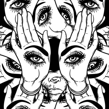 Avuç içlerindeki her şeyi gören gözlerle kusursuz desenler. Esrarengiz tasarım vektör çizimi. Mürekkep dövmesi flaş tasarımı. Vektör çizimi. Astroloji, Kutsal Ruh.