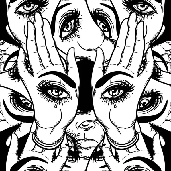 Avuç içlerindeki her şeyi gören gözlerle kusursuz desenler. Esrarengiz tasarım vektör çizimi. Mürekkep dövmesi flaş tasarımı. Vektör çizimi. Astroloji, Kutsal Ruh.