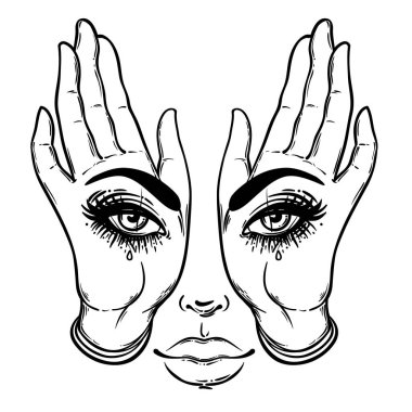Ellerinde gözleri olan gizemli bir yaratık. El çizimi çizimi. Esrarengiz tasarım vektör çizimi. Nokta işçiliği dövmesi flaş tasarımı. Vektör beyazda izole edildi. Astroloji.