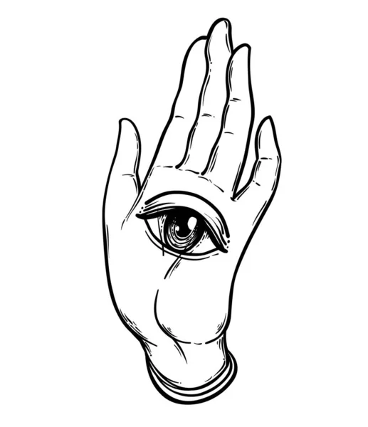 Open hand with the all-seeing eye on the palm. Occult design vector illustration. Dotwork ink tattoo flash design. Vector illustration isolated on white. Astrology, Sacred Spirit. — Stock Vector