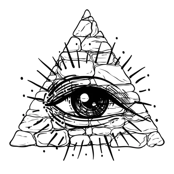 Olho da Providência. Símbolo maçónico. Todos a ver o olho dentro da pirâmide triangular. Nova Ordem Mundial. Alquimia desenhada à mão, religião, espiritualidade, ocultismo. Ilustração vetorial isolada. — Vetor de Stock