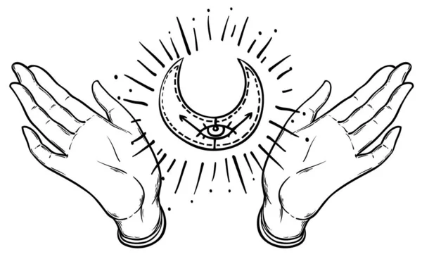 Kutsal geometri işaretli, Hint desenli desenli, vektör süslemeli dua eden eller. Baştan çıkarıcı illüstrasyon. Davetiye elemanı. Dövme, astroloji, simya, boho ve sihirli sembol. — Stok Vektör