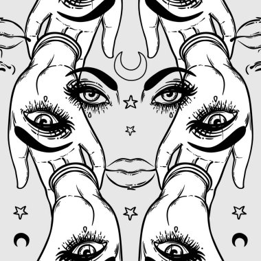 Avuç içlerindeki her şeyi gören gözlerle kusursuz desenler. Esrarengiz tasarım vektör çizimi. Mürekkep dövmesi flaş tasarımı. Vektör çizimi. Astroloji, Kutsal Ruh.