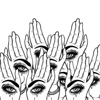 Avuç içlerindeki her şeyi gören gözlerle kusursuz desenler. Esrarengiz tasarım vektör çizimi. Mürekkep dövmesi flaş tasarımı. Vektör çizimi. Astroloji, Kutsal Ruh.