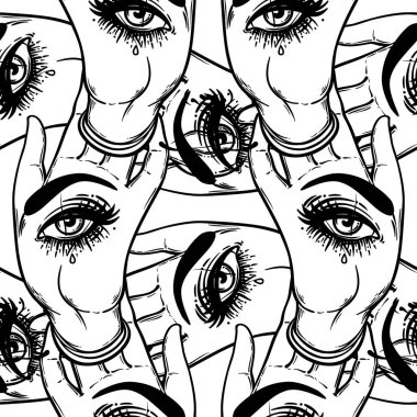 Avuç içlerindeki her şeyi gören gözlerle kusursuz desenler. Esrarengiz tasarım vektör çizimi. Mürekkep dövmesi flaş tasarımı. Vektör çizimi. Astroloji, Kutsal Ruh.