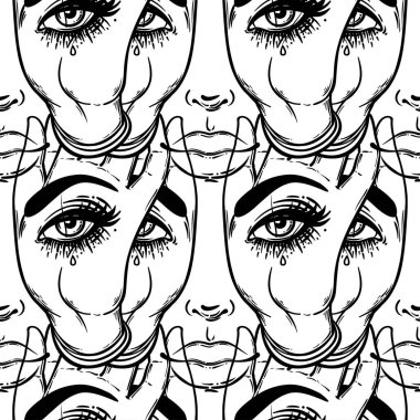 Avuç içlerindeki her şeyi gören gözlerle kusursuz desenler. Esrarengiz tasarım vektör çizimi. Mürekkep dövmesi flaş tasarımı. Vektör çizimi. Astroloji, Kutsal Ruh.