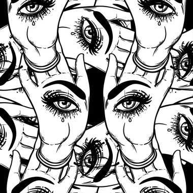 Avuç içlerindeki her şeyi gören gözlerle kusursuz desenler. Esrarengiz tasarım vektör çizimi. Mürekkep dövmesi flaş tasarımı. Vektör çizimi. Astroloji, Kutsal Ruh.