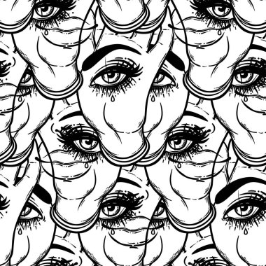 Avuç içlerindeki her şeyi gören gözlerle kusursuz desenler. Esrarengiz tasarım vektör çizimi. Mürekkep dövmesi flaş tasarımı. Vektör çizimi. Astroloji, Kutsal Ruh.