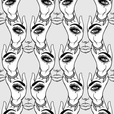 Avuç içlerindeki her şeyi gören gözlerle kusursuz desenler. Esrarengiz tasarım vektör çizimi. Mürekkep dövmesi flaş tasarımı. Vektör çizimi. Astroloji, Kutsal Ruh.