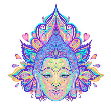 Lord Buddha 'nın süslü mandala desenli yüzü. Esrarengiz klasik vektör çizimi. Hint, Budizm, ruhani sanat. Hippi dövmesi, maneviyat.