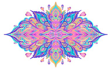 Vektör süslemeli Lotus çiçekli tasarım, etnik sanat, desenli Hint desenli şal deseni. El çizimi çizimi. Davetiye elemanı. Dövme, astroloji, simya, boho ve sihirli sembol.