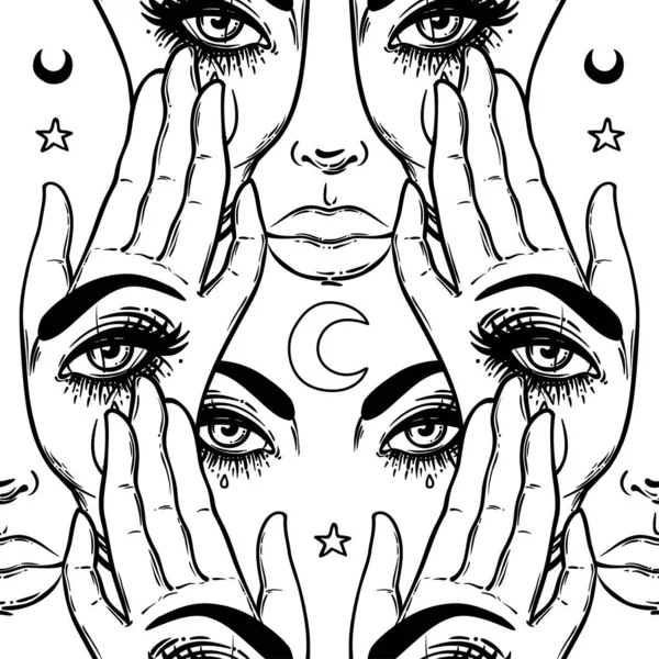 Seamless pattern with hands with the all-seeing eye on the palm. Occult design vector illustration. Ink tattoo flash design. Vector illustration. Astrology, Sacred Spirit. — Stock Vector