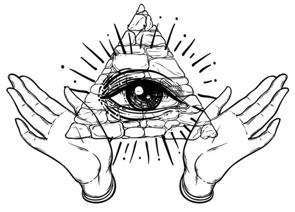 Female hands open around masonic symbol. New World Order. Hand-drawn alchemy, religion, spirituality, occultism. Black and white vector illustration in vintage style.