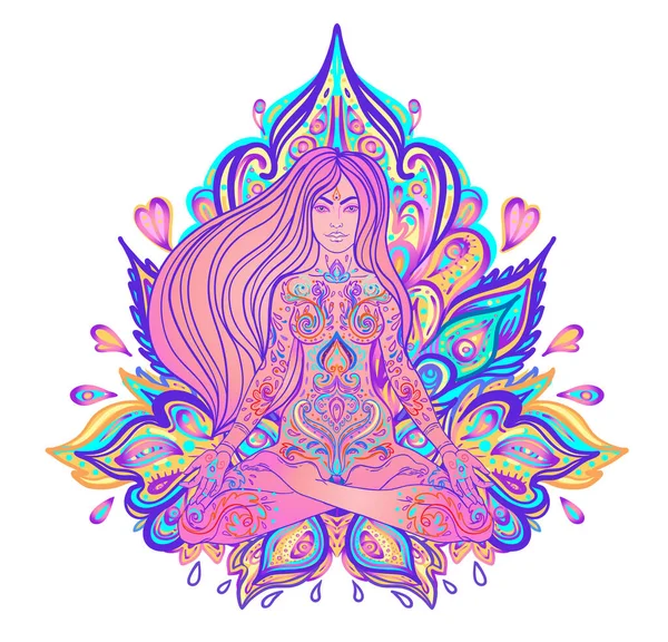 Krásná dívka sedí v lotosové poloze nad zdobené barevné neonové pozadí. Vektorová ilustrace. Psychedelická kompozice hub. Buddhistické esoterické motivy. — Stockový vektor