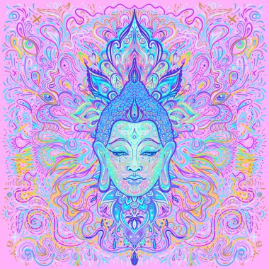 Lord Buddha 'nın süslü mandala desenli yüzü. Esrarengiz klasik vektör çizimi. Hint, Budizm, ruhani sanat. Hippi dövmesi, maneviyat.
