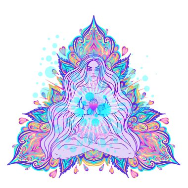 Süslü neon arka planda lotus pozisyonunda oturan güzel kız. Vektör çizimi. Psikedelik mantar bileşimi. Budizm esrarengiz motifleri.