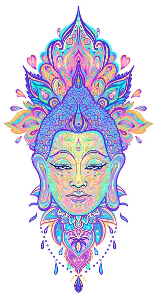 Mandala ornada rosto modelado de Buda Senhor. Ilustração esotérica do vetor vintage. Índio, budismo, arte espiritual. Tatuagem hippie, espiritualidade. —  Vetores de Stock