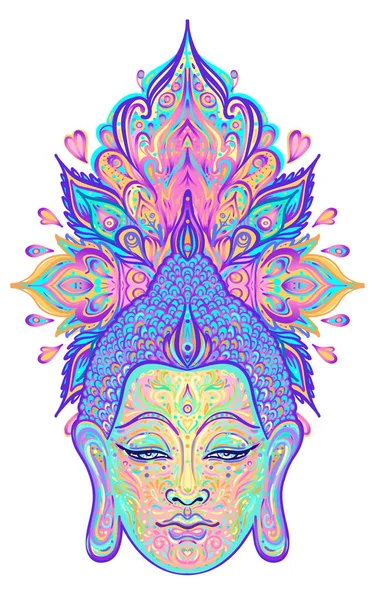 Ornato mandala volto modellato di Buddha Signore. Illustrazione esoterica vettoriale vintage. Indiano, Buddismo, arte spirituale. Tatuaggio hippie, spiritualità. — Vettoriale Stock