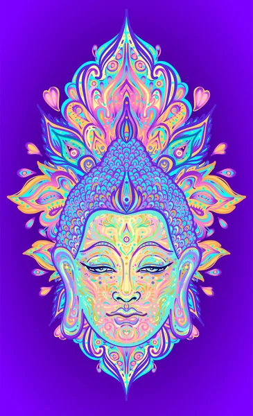 Mandala adornado rostro modelado del Señor Buda. Ilustración del vector vintage esotérico. India, budismo, arte espiritual. Tatuaje hippie, espiritualidad. — Vector de stock