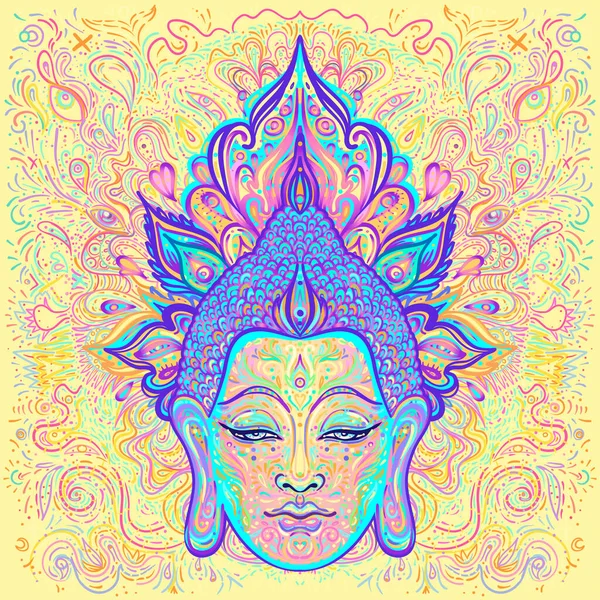 Utsmyckad Mandala mönstrad ansikte Lord Buddha. Esoterisk vintage vektor illustration. Indiska, buddhism, andlig konst. Hippietatuering, andlighet. — Stock vektor