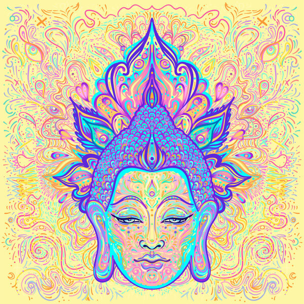 Ornate mandala patterned face of Lord Buddha. Esoteric vintage vector illustration. Indian, Buddhism, spiritual art. Hippie tattoo, spirituality.