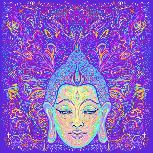 Ornate mandala patterned face of Lord Buddha. Esoteric vintage vector illustration. Indian, Buddhism, spiritual art. Hippie tattoo, spirituality. — Vettoriale Stock