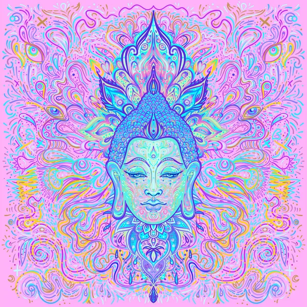 Zdobená mandalská vzorovaná tvář lorda Buddhy. Esoterická vektorová ilustrace. Indián, buddhismus, duchovní umění. Tetování hippie, spiritualita. — Stockový vektor